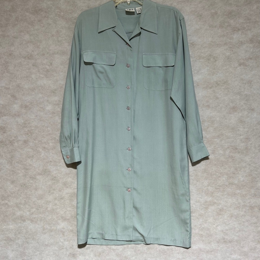 JRT 100% Silk Button Down Shirt Dress Sage Green Long Sleeve Pockets Size 8